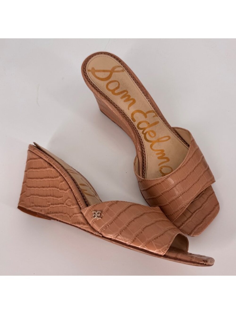 Sam Edelman Tan Tesma Croc-Embossed Wedge Open Toe Slip-On Sandals Womens Size 8